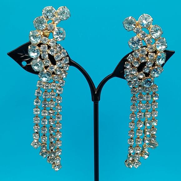 Vintage Blue Rhinestone Fringe Clip Earrings 3.25” Dangle 1960s main image 7